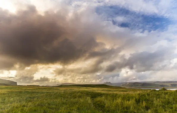 The sky, clouds, nature, mountain, valley, panorama, Sunset, Iceland