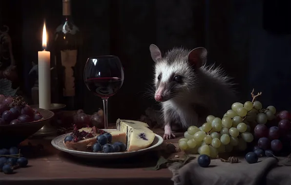 Darkness, table, flame, wine, glass, bottle, candle, cheese