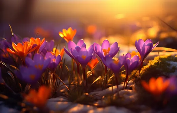 Light, flowers, glade, spring, crocuses, lilac, Krokus, bokeh