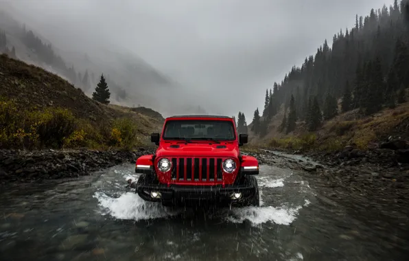 Water, red, rain, overcast, 2018, Jeep, Wrangler Rubicon