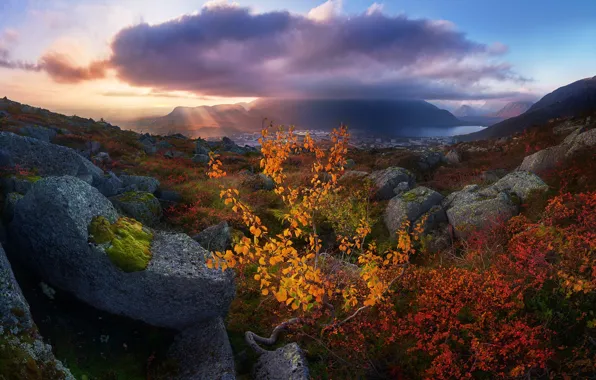 Autumn, rays, light, landscape, mountains, clouds, nature, stones