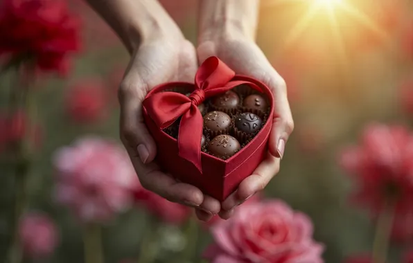 Love, flowers, gift, romance, heart, chocolate, roses, hands