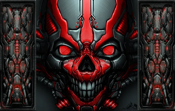 Skull, red, metallic, mech skull