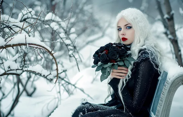 Winter, look, girl, snow, trees, flowers, bench, branches