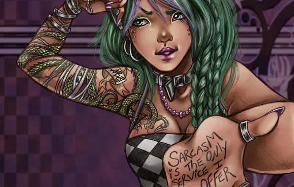 Picture girl, the inscription, hair, hand, tattoo, art, handle, braids