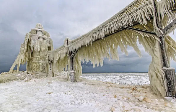Picture element, lighthouse, ice, frost, lake Michigan, Lake Michigan