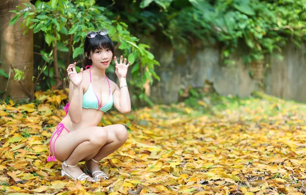 Swimsuit, leaves, girl, Asian