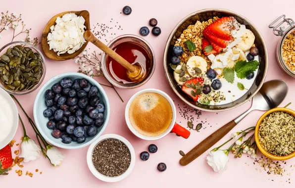 Berries, coffee, food, blueberries, strawberry, honey, a lot, muesli