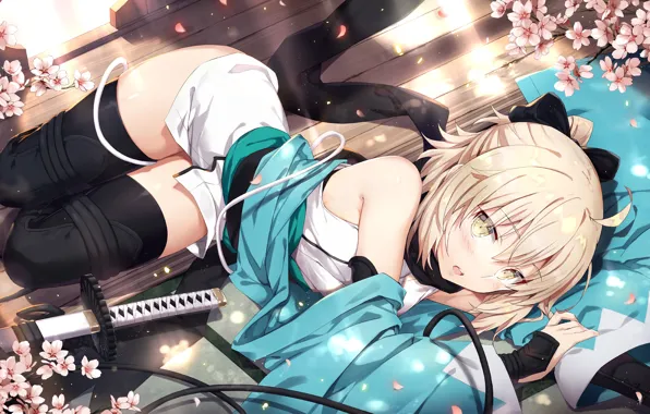 Sword, saber, flowers, katana, blonde, yellow eyes, kimono, anime girl