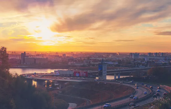 Road, the sky, clouds, sunset, machine, bridge, the city, building