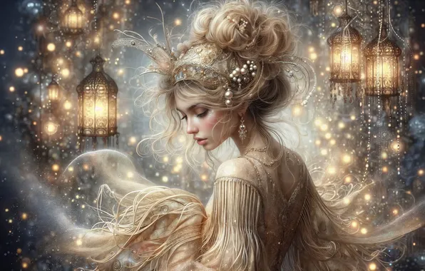 Girl, decoration, lights, dress, hairstyle, blonde, lights, garland