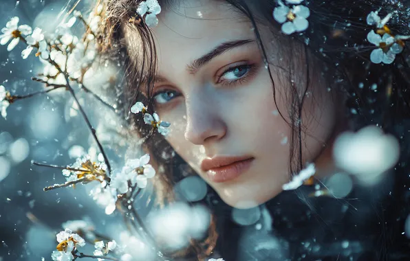 Girl, light, flowers, branches, face, pose, portrait, spring