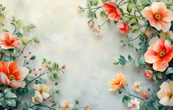 Leaves, flowers, frame, watercolor, red, composition, imitation, imitation painting