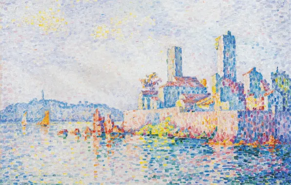 Sea, landscape, the city, picture, Paul Signac, pointillism, Antibes. Tower