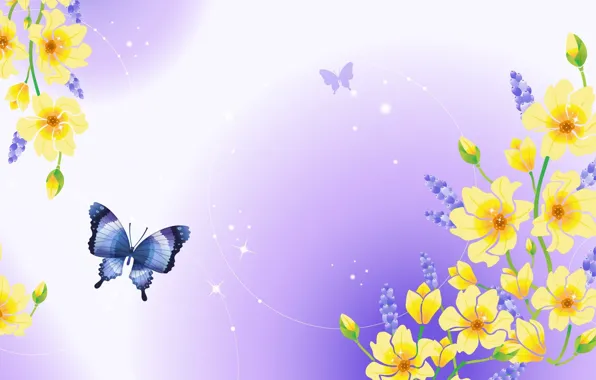 Picture flowers, nature, butterfly, Shine, plants, kidney, purple background