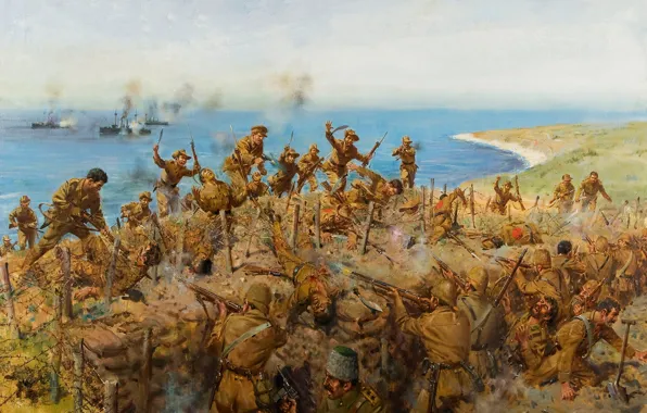 Picture oil, picture, canvas, the artist Terence Cuneo, WW1, &ampquot;The Battle for Sari Bair&ampquot;