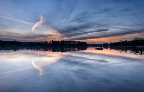 Picture forest, the sky, clouds, trees, sunset, lake, reflection, shore