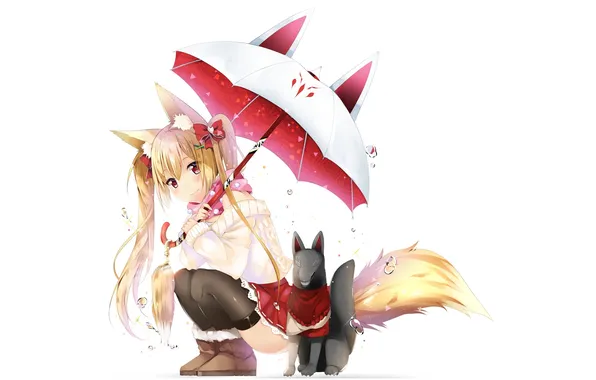Girl, smile, umbrella, anime, art, Fox, tail, ears