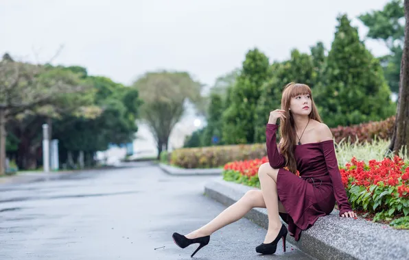 Summer, face, street, hair, dress, heels, legs, Asian