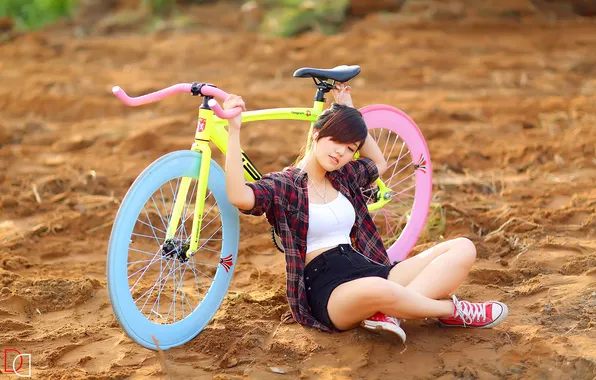 Summer, girl, bike, Asian
