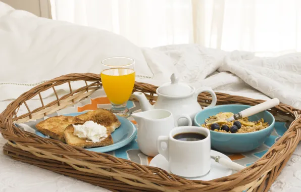 Coffee, juice, bread, toast, breakfast, Breakfast in bed, orange, oatmeal