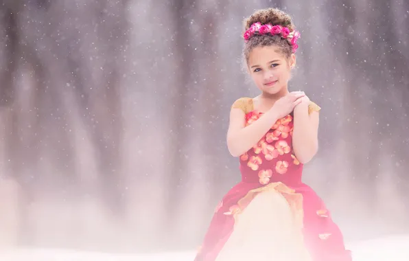 Snow, roses, dress, girl, fine art, children photography