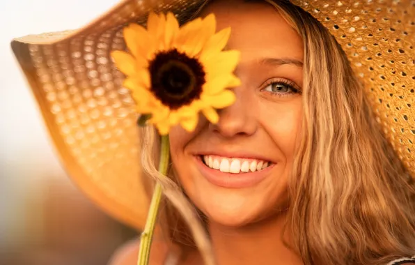 Summer, look, girl, face, smile, mood, portrait, sunflower