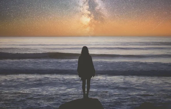 GIRL, STONE, SEA, HORIZON, The SKY, STARS, DAL, SILHOUETTE