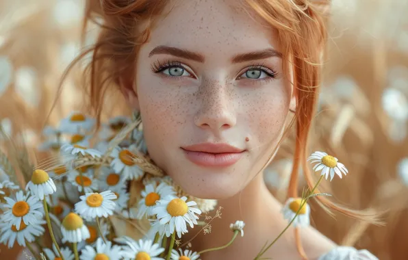 Field, summer, look, girl, flowers, face, pose, eyelashes