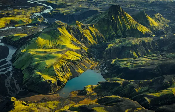 The sun, mountains, lake, panorama, Iceland