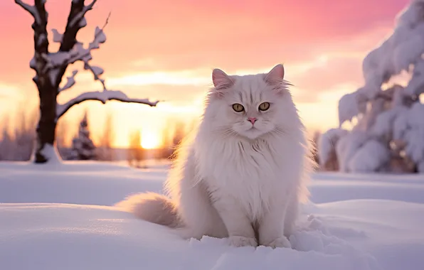 Winter, field, cat, white, the sky, cat, look, clouds
