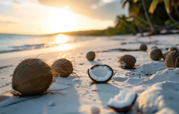 Sand, sea, beach, the sky, the sun, light, tropics, palm trees