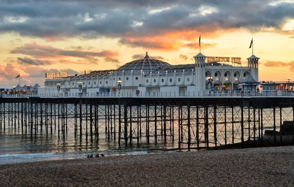 Sea, beach, sunset, pierce
