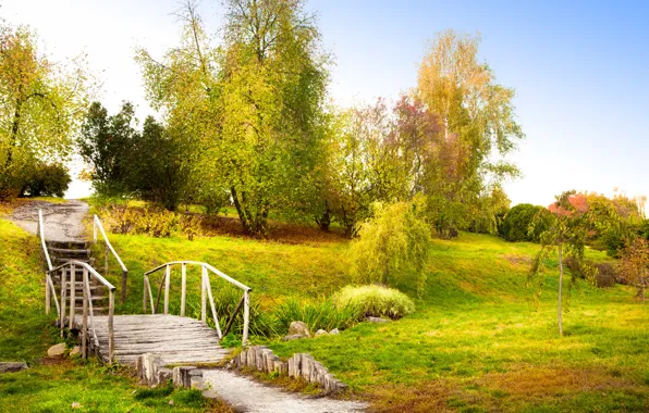 Autumn, the sky, grass, leaves, trees, landscape, bridge, blue