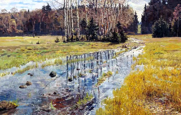 Forest, grass, trees, stream, picture, spring, Spring, Paul Ryzhenko