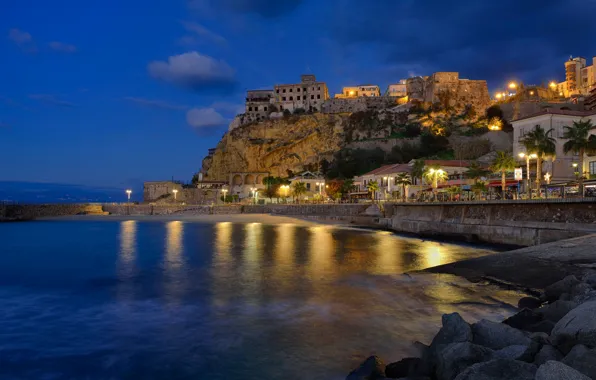 Wallpaper landscape, night, lights, rocks, home, Italy, Naberezhnaya, Calabia