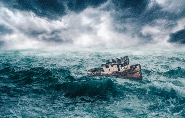 Sea, the storm, wave, clouds, storm, rendering, rain, boat