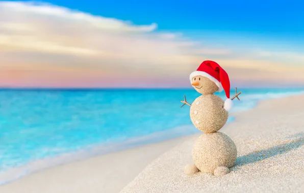 Sand, sea, beach, New Year, Christmas, snowman, happy, Christmas