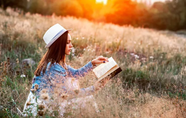 NATURE, GRASS, FIELD, HAT, BOOK