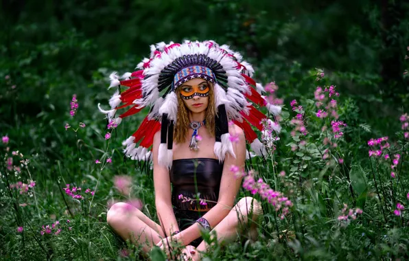 Picture grass, girl, flowers, pose, feathers, paint, roach, Vyacheslav Turcan