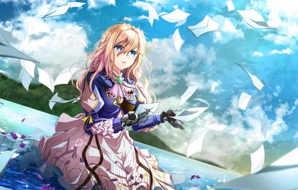 Girl, lake, cyborg, Violet Evergarden, Postma