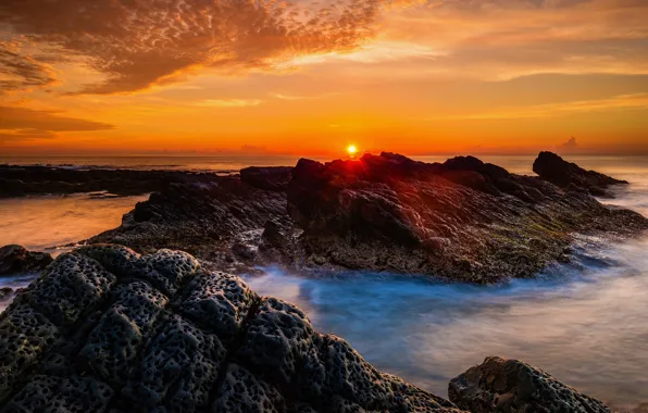 Sea, the sky, the sun, clouds, rays, sunset, stones, rocks