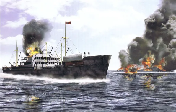 Sea, fire, smoke, figure, ships, art, destroyer, WW2