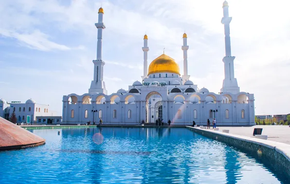 People, fountain, mosque, Kazakhstan, the minaret, Astana