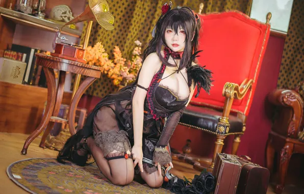 Room, chair, brunette, neckline, Asian, red eyes, big Breasts, cosplay
