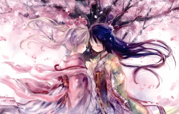 Tree, girls, Sakura, art, yucata, onine of the latter