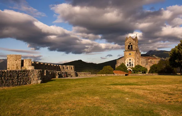 Grass, clouds, hills, ruin, church