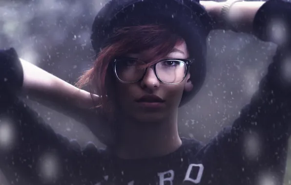 Picture girl, snow, hat, glasses, girl, photo, photographer, sweater