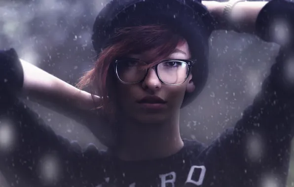 Girl, snow, hat, glasses, girl, photo, photographer, sweater
