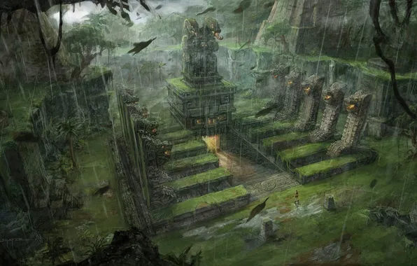 Picture grass, leaves, trees, dragons, jungle, temple, trap, lara croft